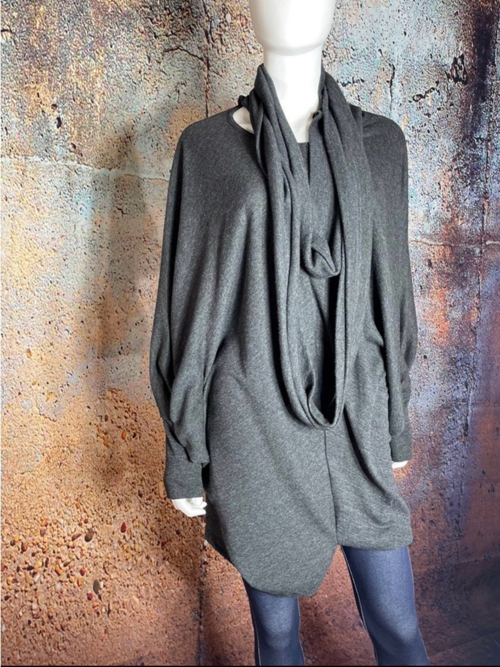 Charcoal Gray Women's Draped Knit Sweater Dress with Scarf